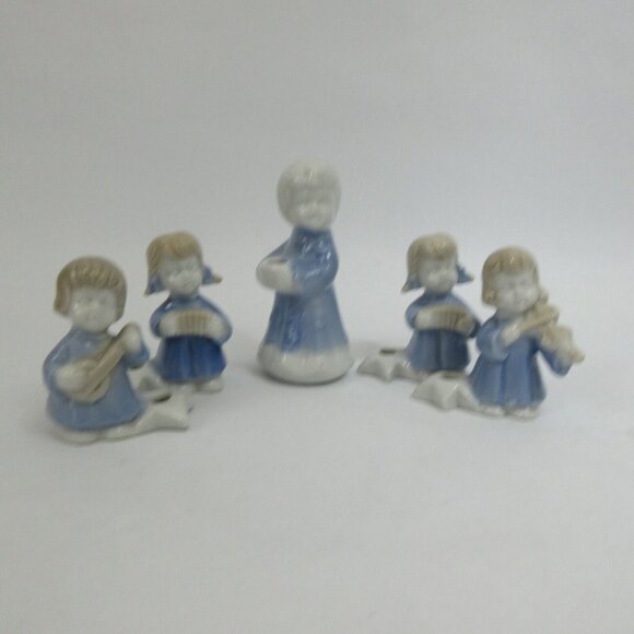 5 Blue Porcelain Figurine Angels Playing Musical Instruments Mini Candle Holders - Picture 5 of 9